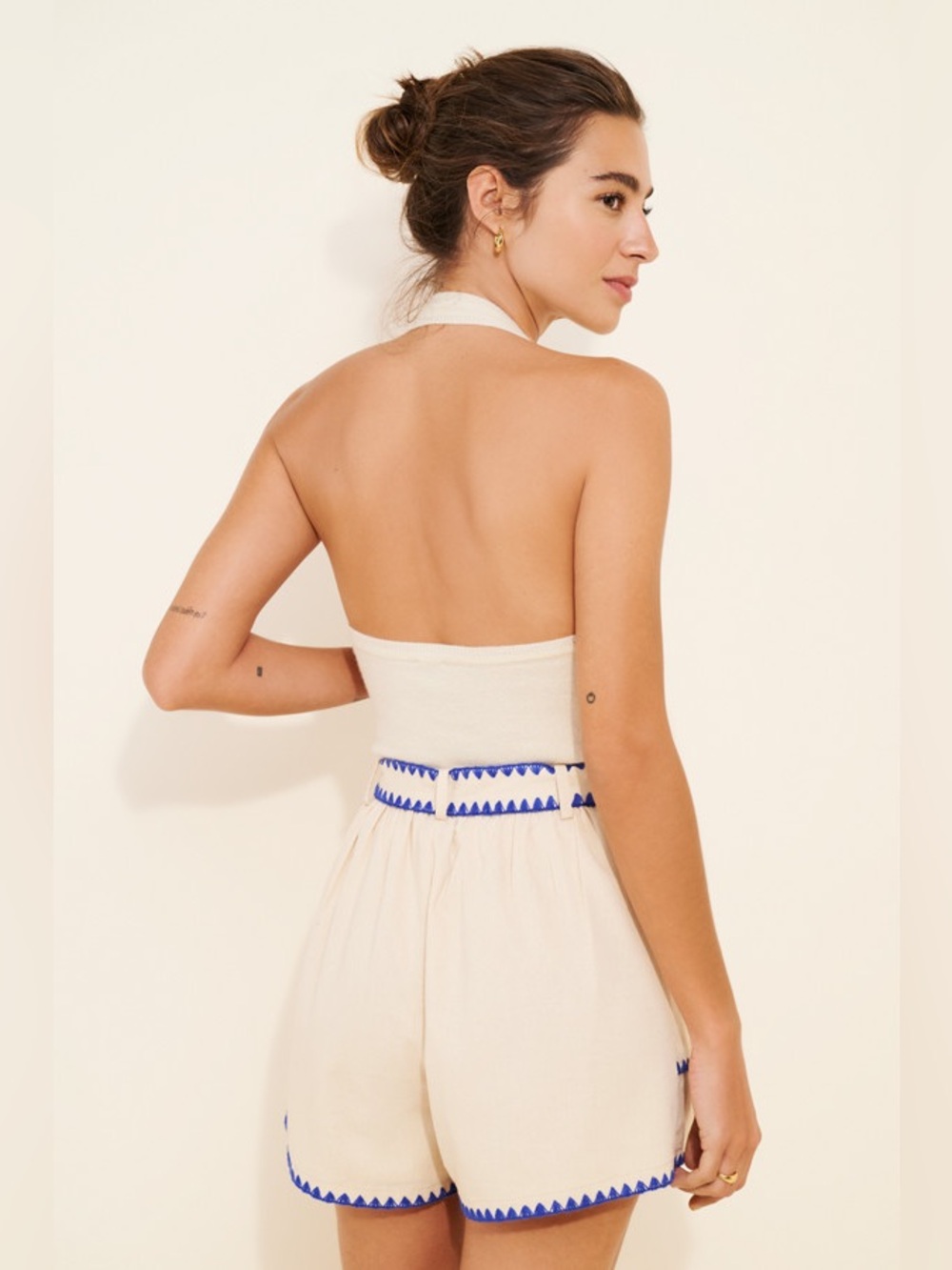 En Saison Cream Shorts with Blue Zigzag Trim and Tie Waist - Picture 3 of 5